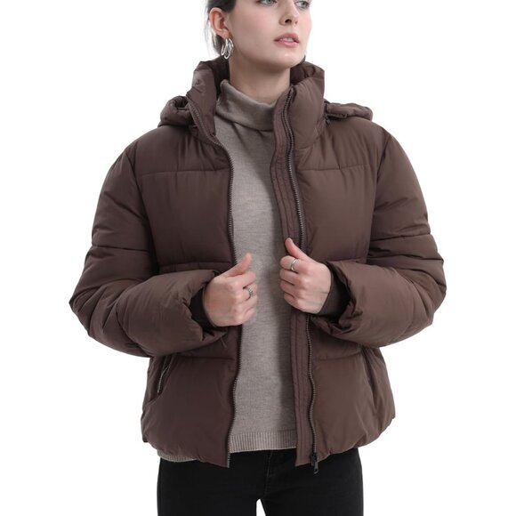 Women's Cropped Puffer Jackets Warm Winter Jacket with Removable Coat Brown - Picture 5 of 6